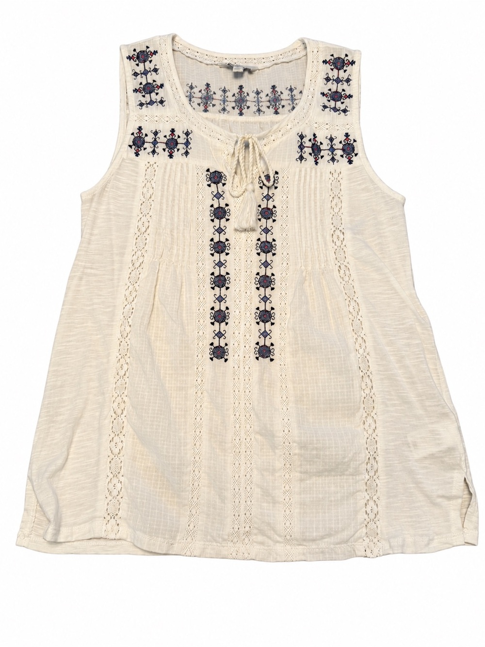 Lucky Brand Cream Embroidered Lace Tassel Boho Tunic Tank Top Small - Picture 3 of 8